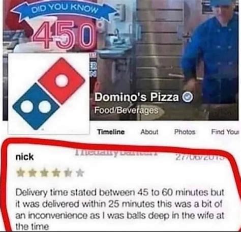 dominos pizza  timeline   find  delivery time stated     minules
