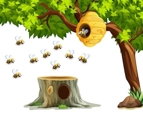 Bees Flying Around Beehive On The Tree Vector Premium Download