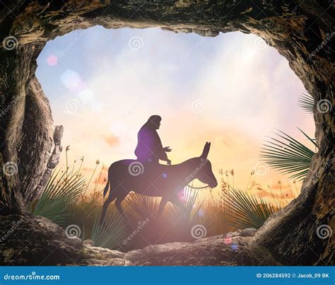 jesus christ riding donkey  tomb stone stock photography