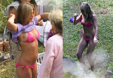pictures of jennifer aniston wearing a pink bikini while