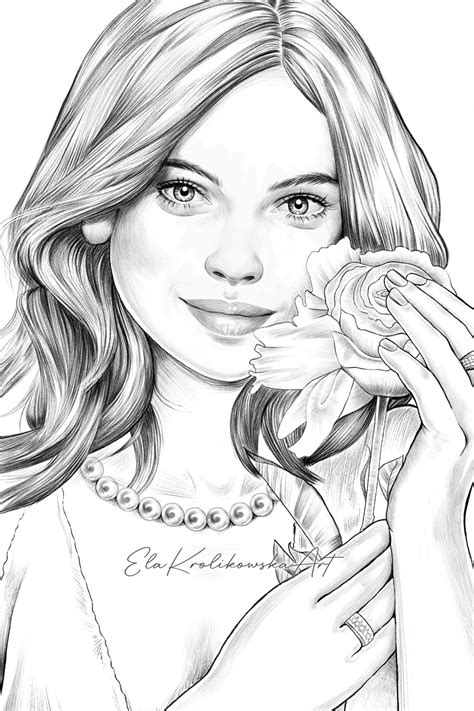 drawing   pretty girl holding  rose rose coloring pages adult