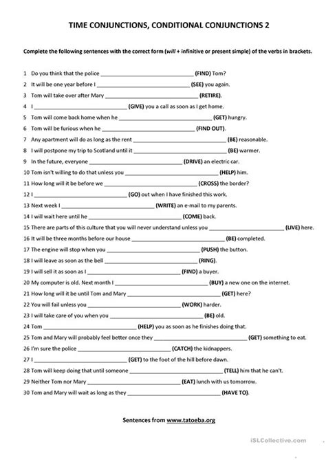 time conjunctions conditional conjunctions  english esl worksheets