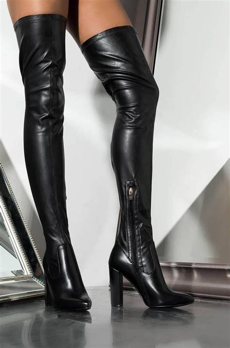 azalea wang faux leather thigh high chunky heel boot  black   chunky heels boots high
