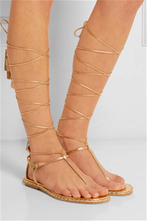 sexy lace up ankle tie flat sandals gold leather strappy fringe knee