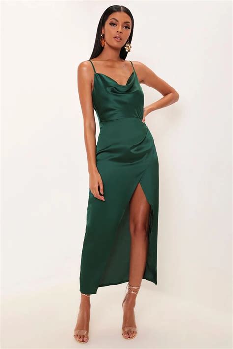 Emerald Satin Cowl Neck Maxi Dress Green Satin Dress Green Silk