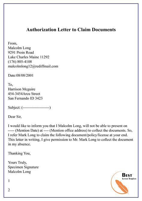authorization letter sample claiming documents asleafar