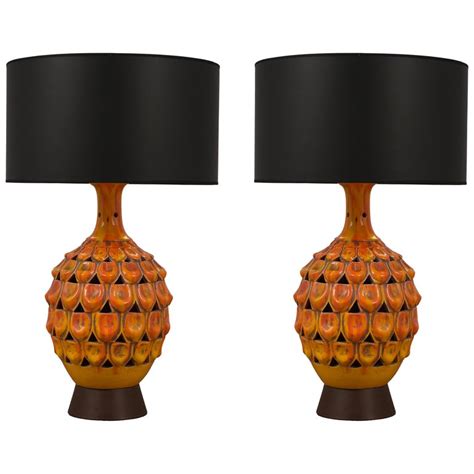 Pair Of Mid Century Modern Walnut And Ceramic Lamps For Sale At 1stdibs