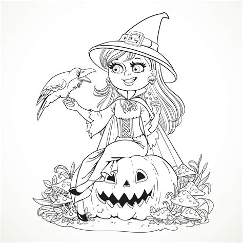 halloween smiling witch  crow halloween adult coloring pages