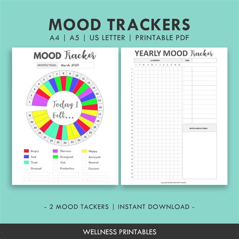 mood tracker chart planner insert wellness printables