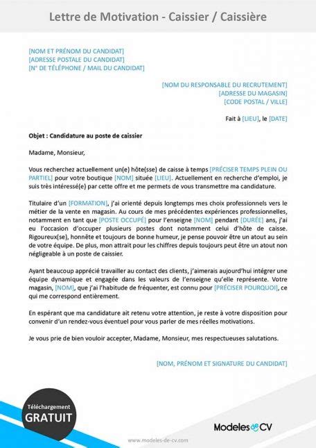lettre de motivation pour caissiere hotesse de caisse exemple