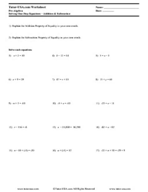 worksheet solving  step equations  addition  subtraction