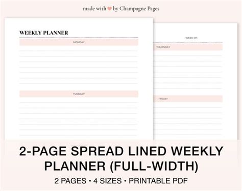 page spread lined weekly planner full width weekly daily etsy