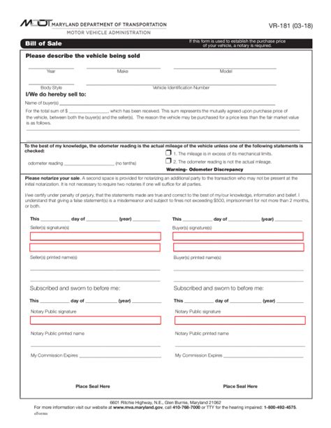 Maryland Motor Vehicle Bill Of Sale Form Vr 181 – Eforms