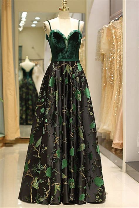 deep green velvet spaghetti straps long floral printed satin prom dress party dress velvet
