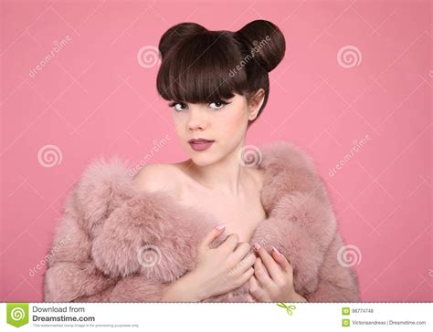 beauty makeup fashion teen girl model in fur coat