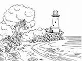 Lighthouse Faro Paesaggio Tropic Kust Overzeese Grafische Vuurtoren Zwarte Landschap Schetsillustratie Nera Schizzo sketch template