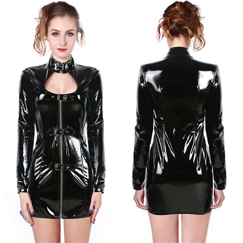 Hot Buckle Pvc Dress Shiny Women Gothic Long Sleeve Mini Dresses Zip Up