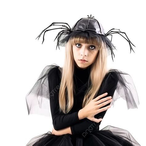 Girl In A Witch Costume With A Spider On Her Shoulder Halloween