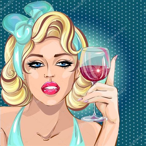Cartoon Blonde Drinking Wine Pin Up Sexy Blonde Woman Drinking Wine