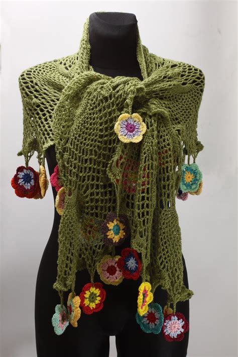crochet lace shawl with flowers unique wrap cape throw cute