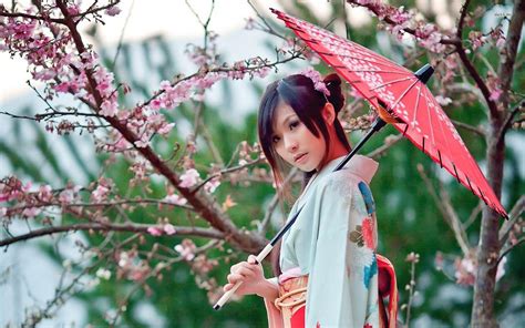 Girl In A Kimono Holding An Umbrella Hd Wallpaper Umbrella Girl