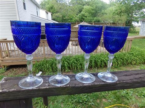 Cobalt Blue Stemware Set Of Four Glasses Clear Glass Stems Etsy