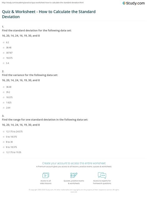 quiz and worksheet how to calculate the standard deviation