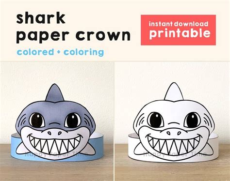 shark paper crown party coloring printable party hat kids etsy