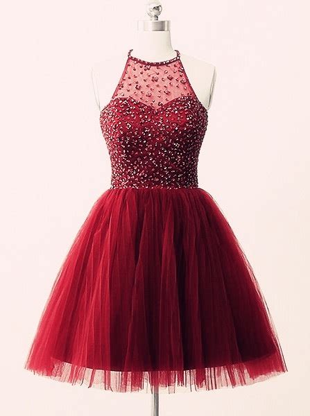 lovely halter handmade tulle burgundy short prom dresses beaded homecoming dresses short