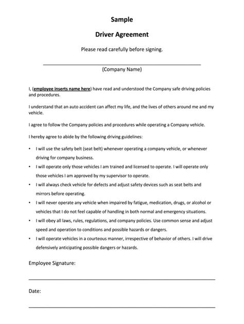printable driver contract  employment sample fill  truck driver