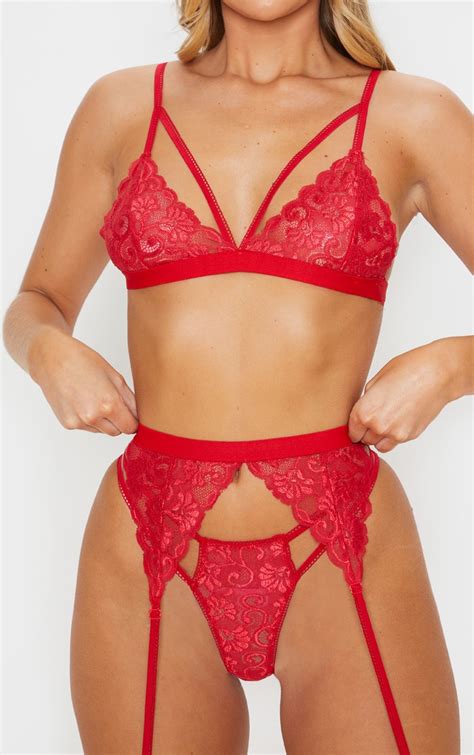 red lace trim 3 piece lingerie set lingerie prettylittlething aus