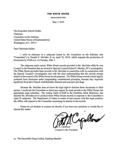white house letter  congress  views