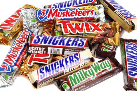 editorial product shot showing an assortment of mars candy bars stock