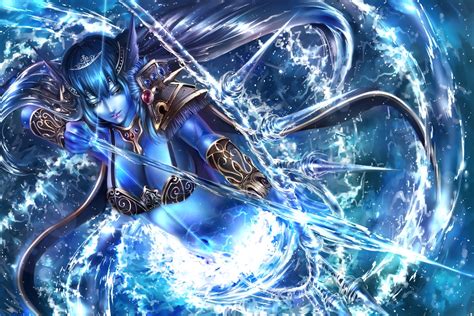 aliasing armor blue hair bow weapon breasts cleavage hakura kusa long