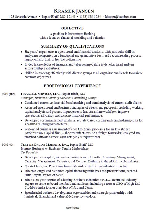 sample resume   seeking  job  investment banking
