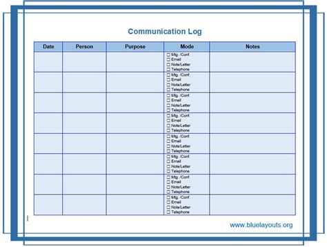 printable communication log template