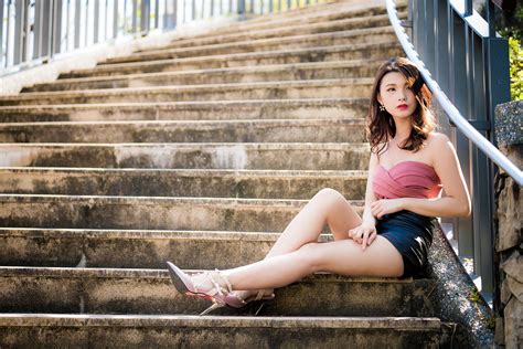 asian model women long hair dark hair sitting bare shoulders