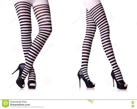 The Legs With Striped Stockings Isolated On White Stock Image Image