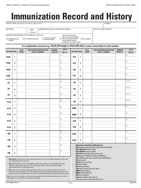Printable Immunization Record Form Printable Forms Free Online