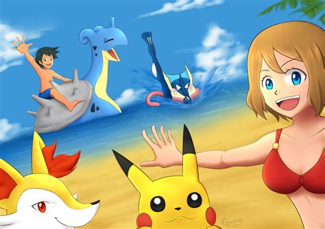ash serena and their pokemon having fun at the beach pokémon know your meme