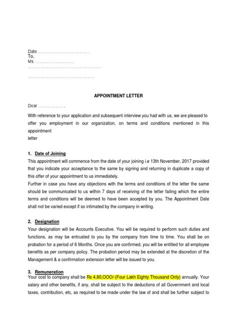 appointment letter format employment government