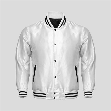 light weight satin bomber varsity jacket white skaf impex