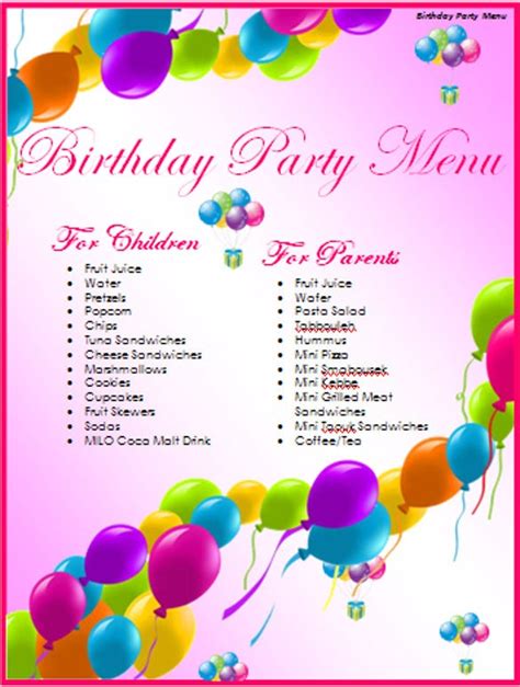 ideas  birthday party menu home family style