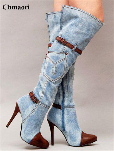 high quality women fashion blue denim over knee gladiator boots straps