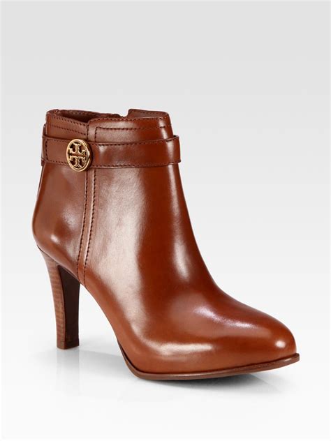 tory burch bristol leather logodetail ankle boots  almond brown lyst