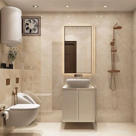 beige modern small bathroom design idea  wall mounted vanity livspace