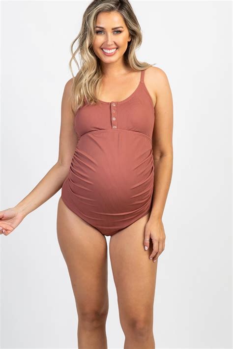 Us 8 38 Red Ribbed Snap Front One Piece Maternity Swimsuit Wholesale