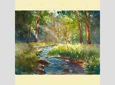 watercolor landscape painting PRINT creek and tree by derekcollins