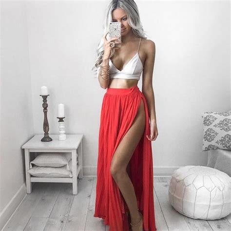 hot sexy red skirts women floor length a line long maxi skirt with side