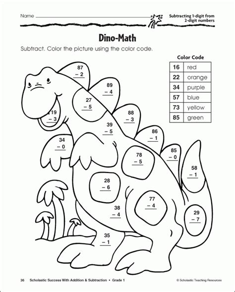 dinosaur color  number substraction coloring page coloring home